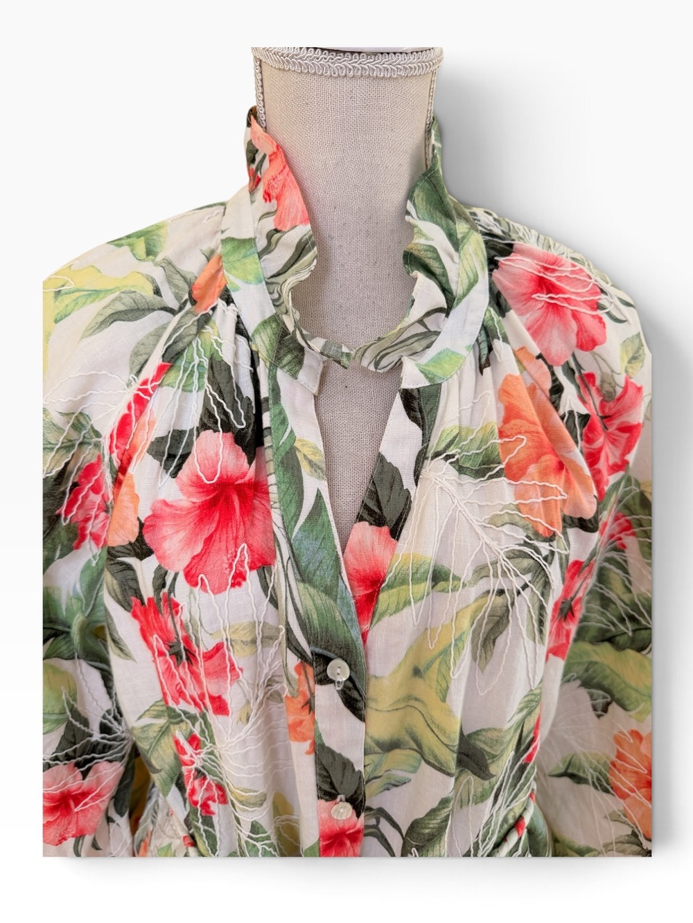 Tommy Bahama Daybreak Hibiscus" Green/Pink Floral Tiered 3/4 Sleeve Midi Dress - Picture 3 of 12
